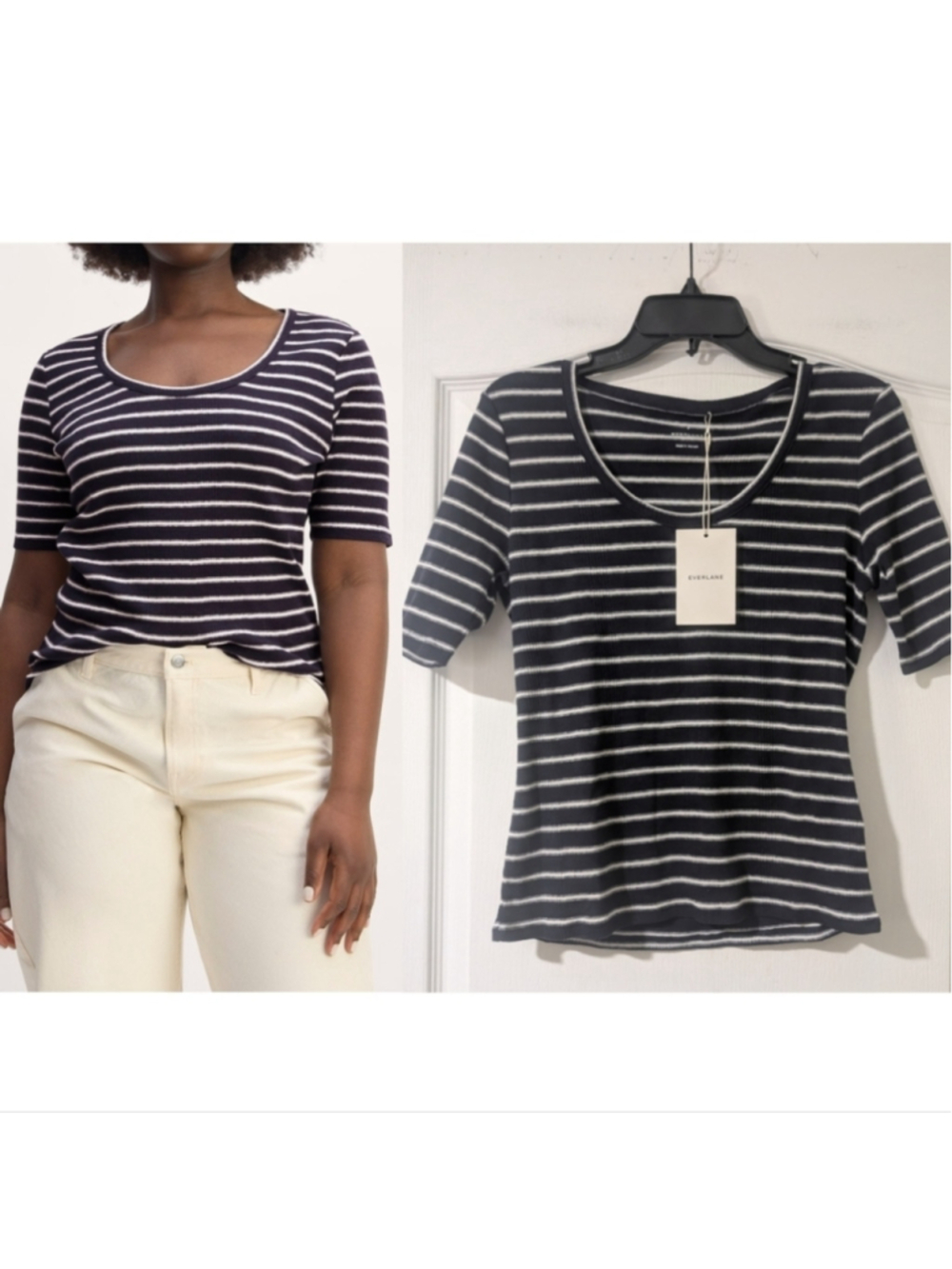 Everlane | The Vintage Rib Scoop-Neck Top On Navy/Bone